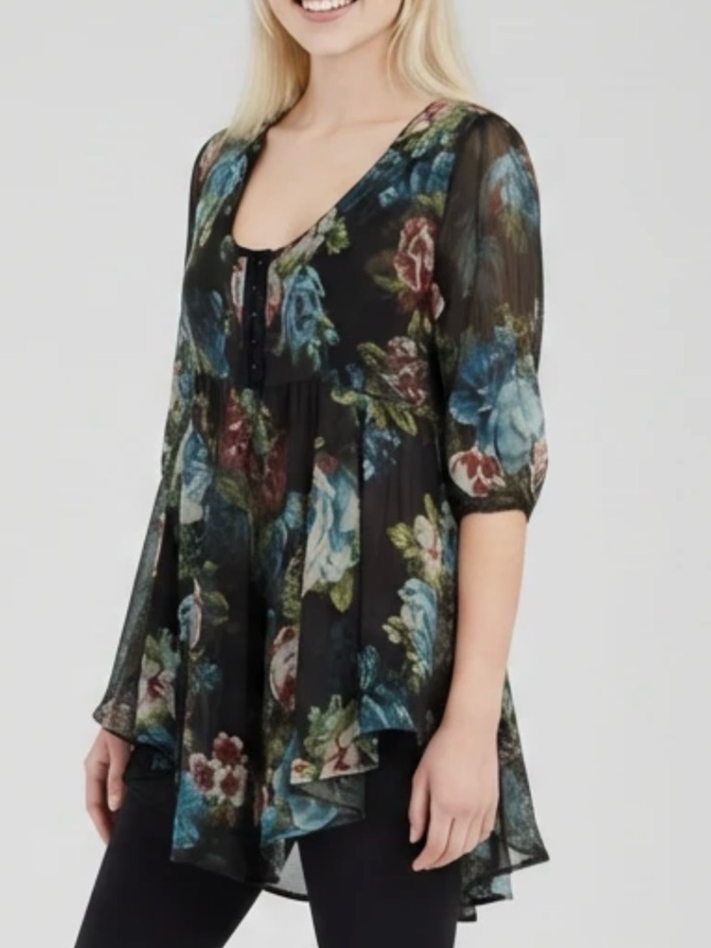 American Rag Vintage Black Sheer Floral Tunic Babydoll Top S